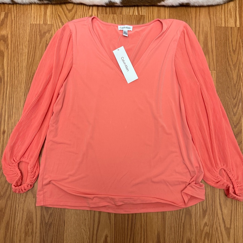 NWT Calvin Klein Coral Pink V-Neck Blouse Pleated Long Sleeve Elegant Top Size L